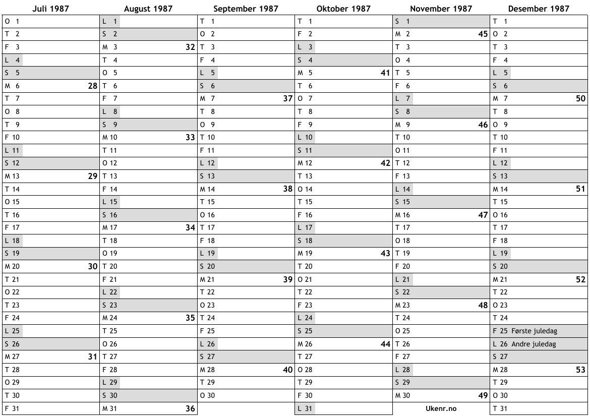 Kalender 1987, 2. halvår