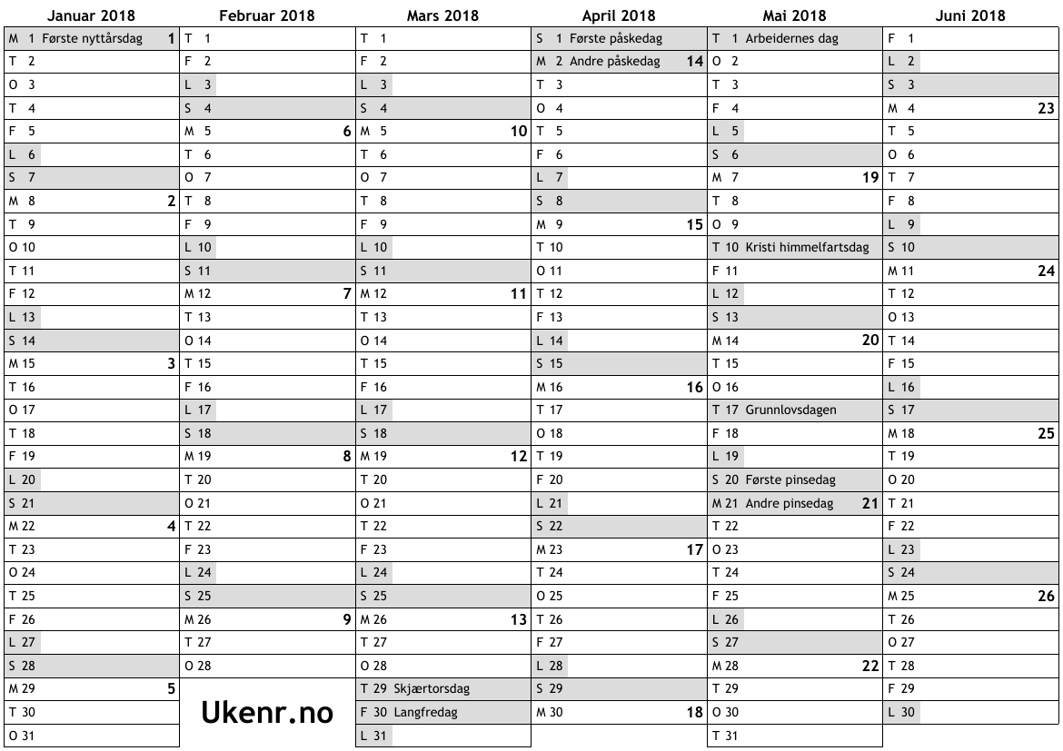 Kalender For 2018 Med Helligdager Og Ukenumre Online Ukekalender