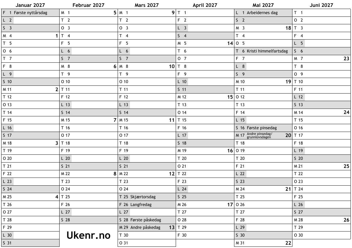 Kalender For 2027 Med Helligdager Og Ukenumre Online Ukekalender Kalender For 2027 Med Helligdager Og Ukenumre Online Ukekalender